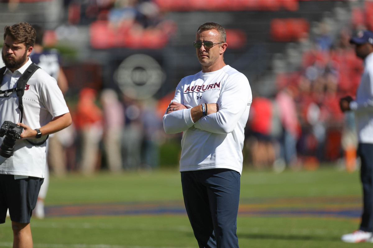 Bryan Harsin looks on during warmups vs Missouri.